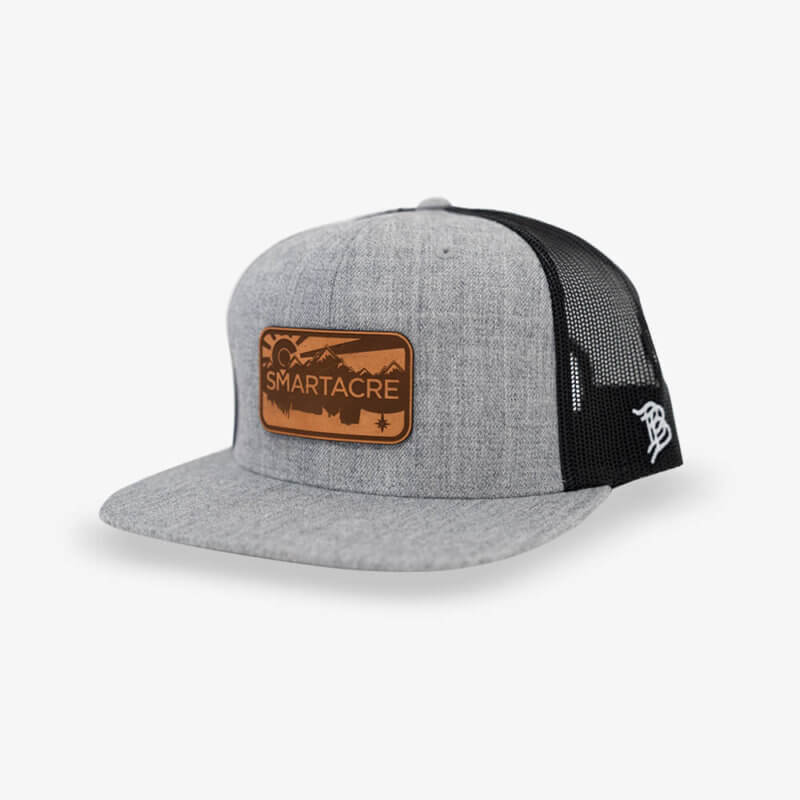 Gray & Black Flat Brim Trucker Hat with Brown Leather