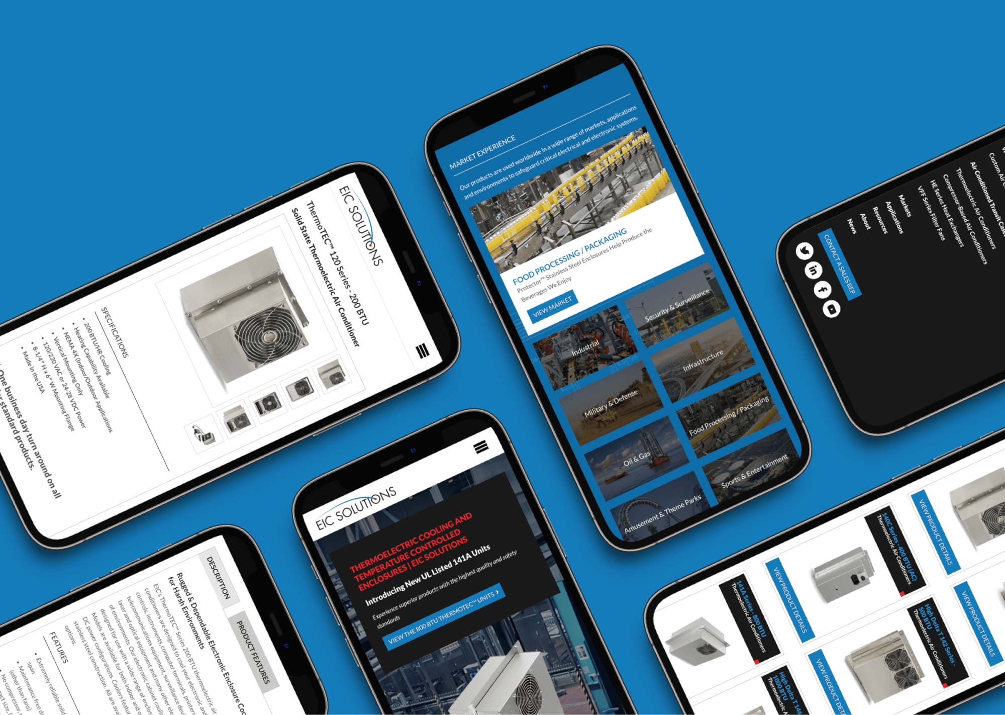 grid of smartphones showing EIC Solutions webpages