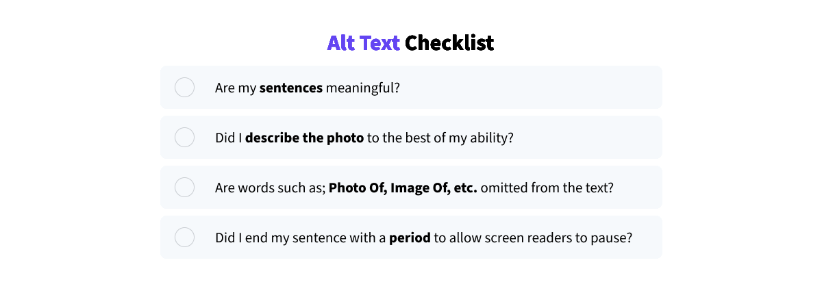 Checklist compiling the list of questions to ask when writing image alt text