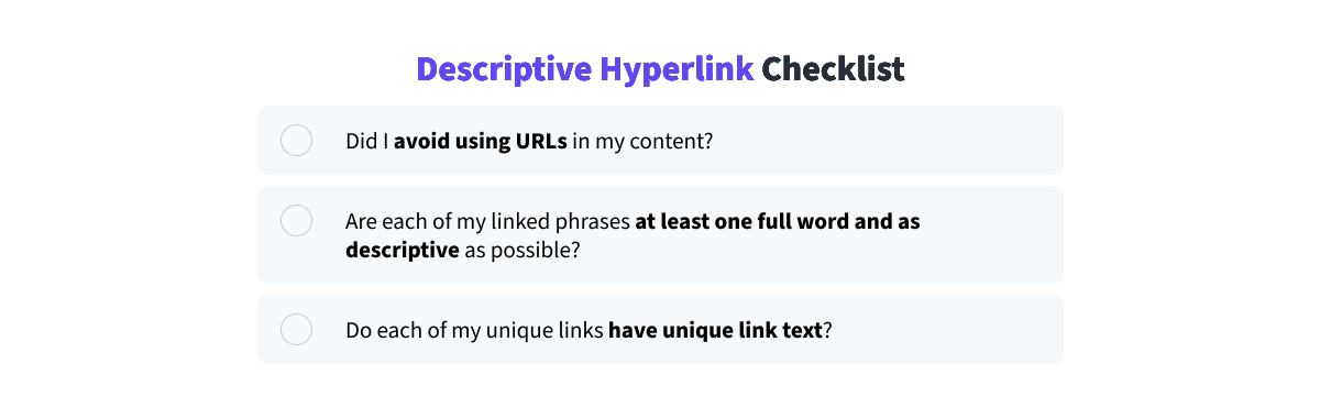 Checklist compiling a list of questions to ask when creating descriptive hyperlinks