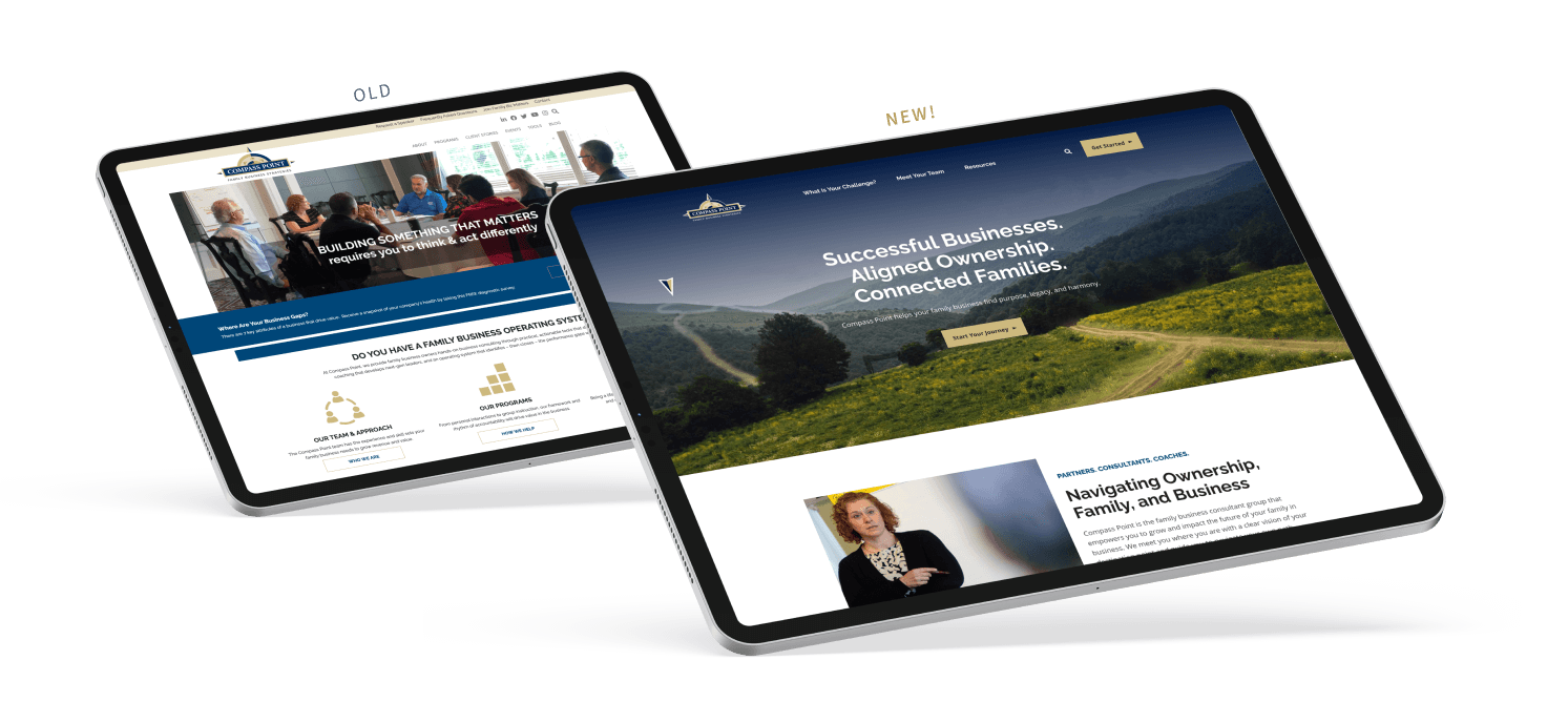 Tablets comparing the old and new Compass Point website