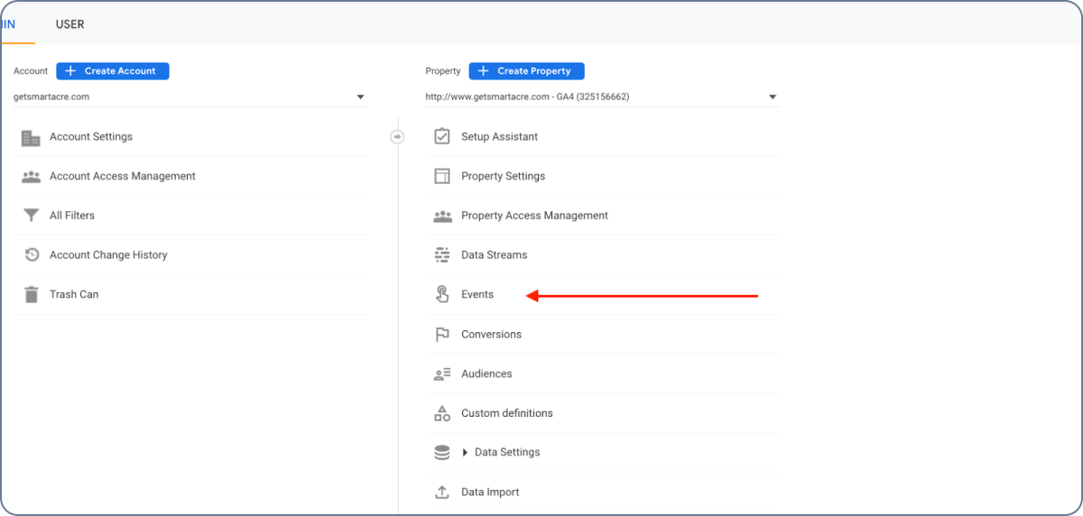 GA4 account showing settings screen and where to find Events under Property
