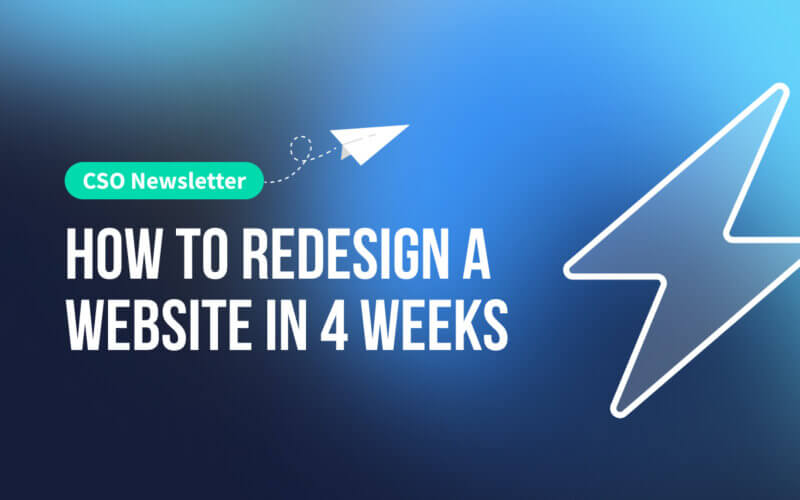 blue background with the newsletter title "How to redesign a website in 4 weeks" in white text