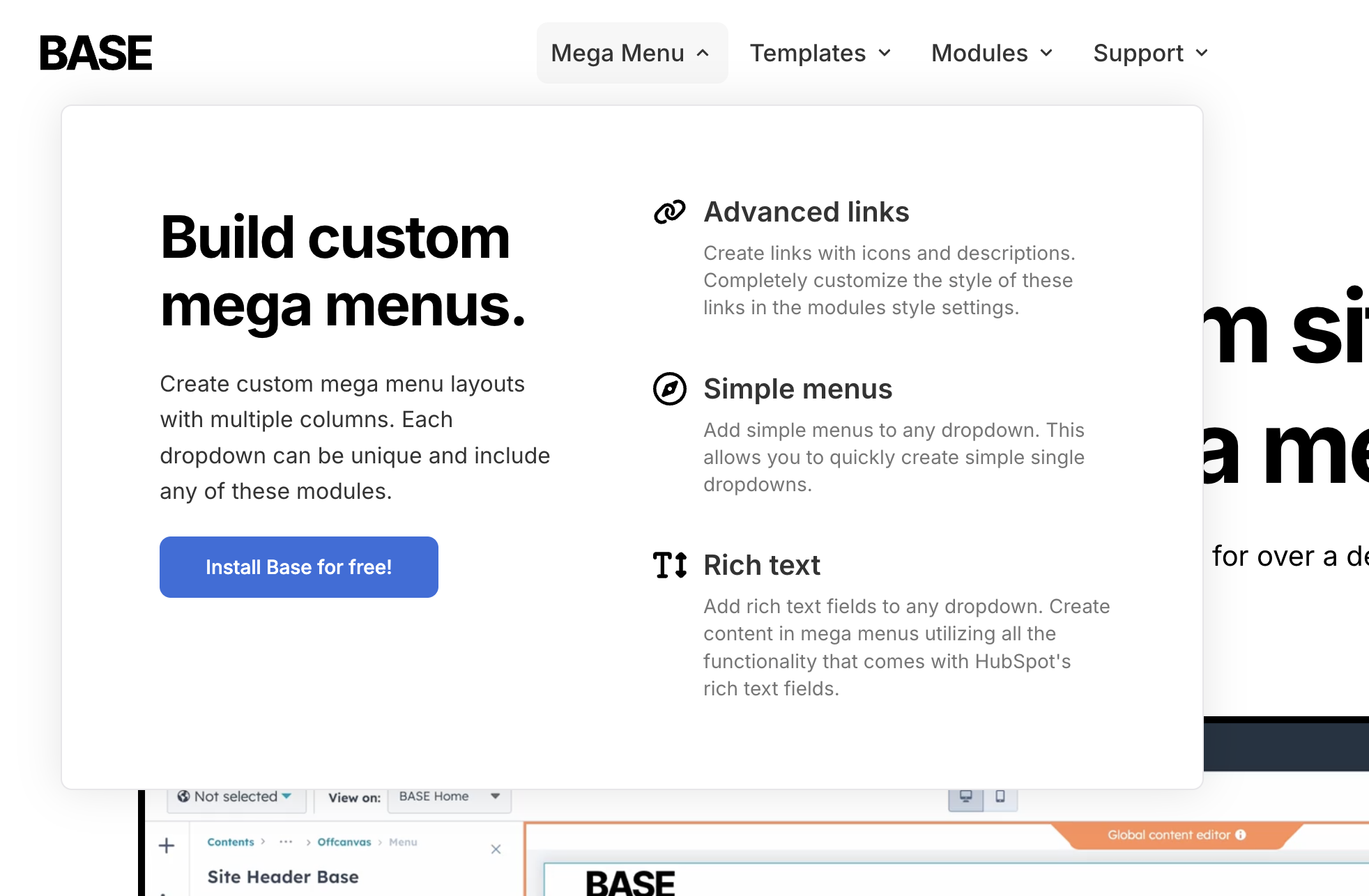 Mega Menu dropdown showing customizable options: Advanced Links, Simple Menus, and Rich Text.