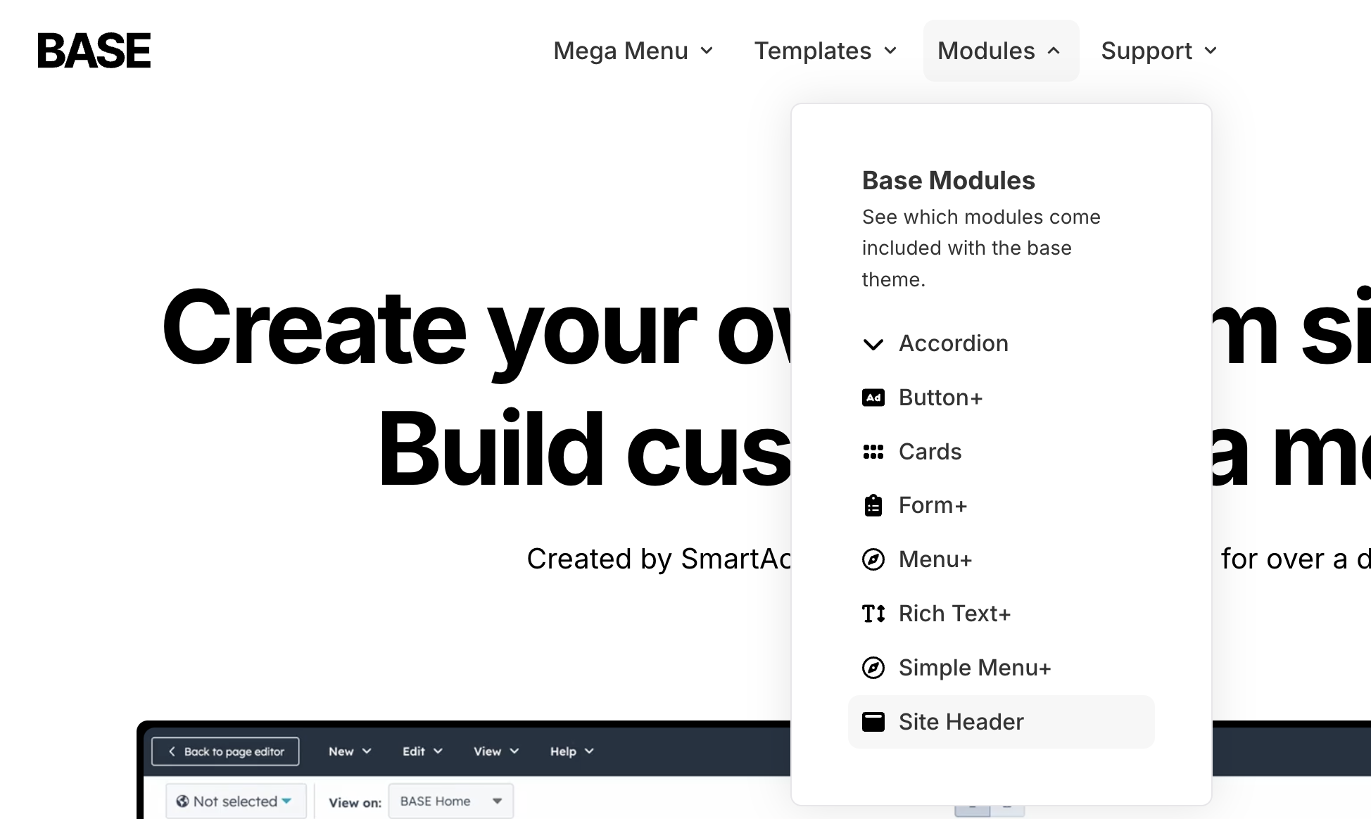Dropdown menu under 'Modules' showing available base modules like Site Header and Menu+.