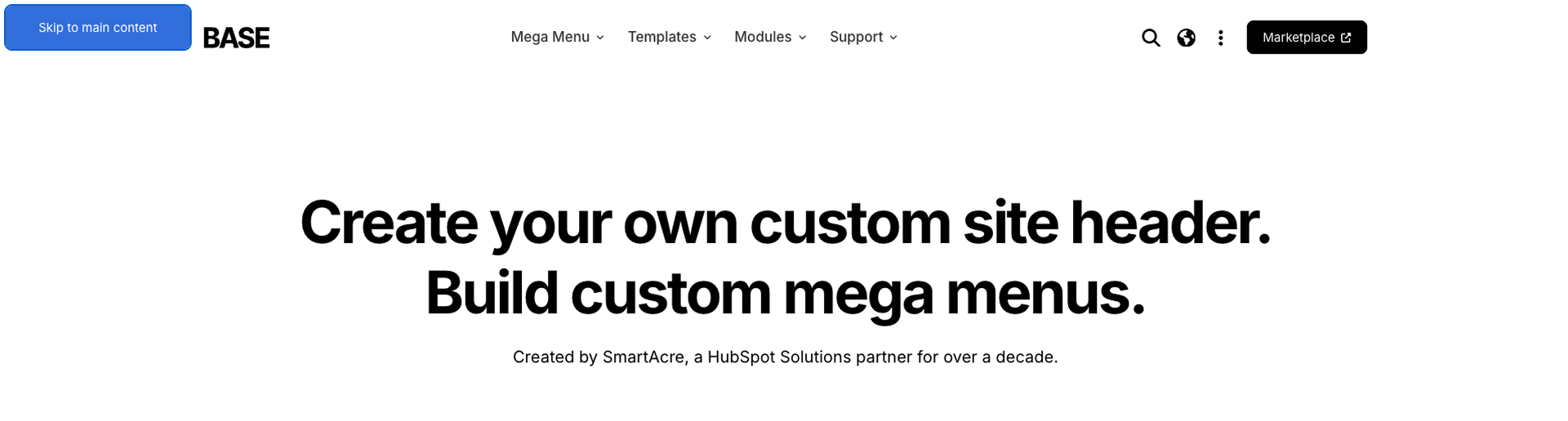 Website header with 'Skip to main content' button and navigation showing accessible mega menus.
