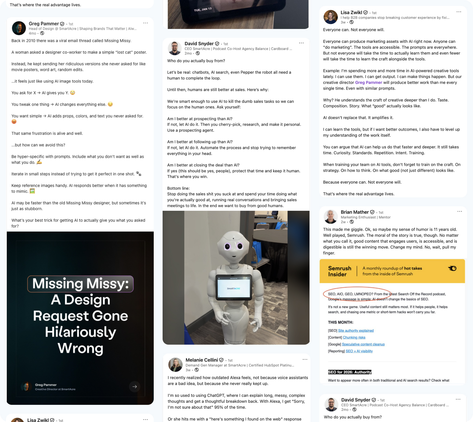 Collage of LinkedIn Post by SmartAcre's about AI and other thought leadership content.